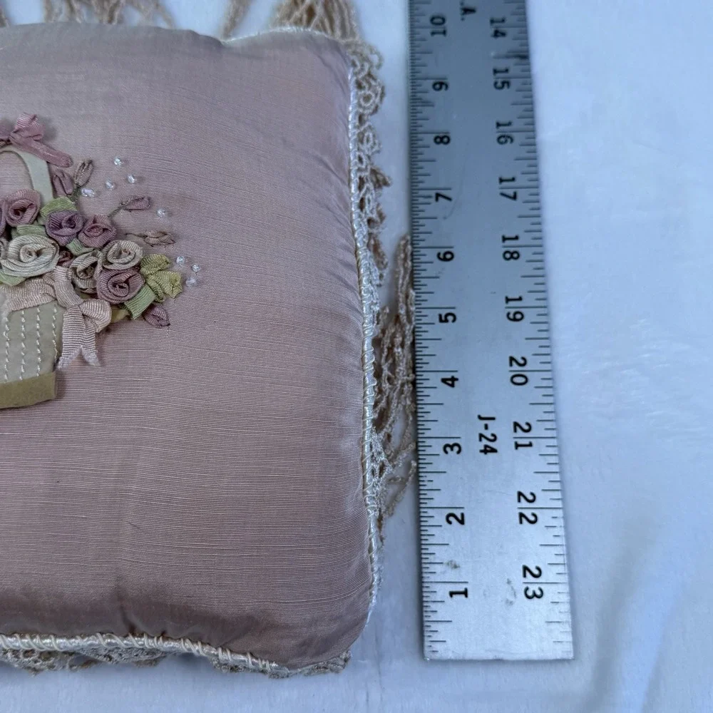 Vintage Boudoir Pillow Pair Ribbonwork Roses Lace Crochet Victorian Style
